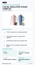 1100 ml 316 Stainless Steel & Ceramic-Lined Insulated Straw Tumbler