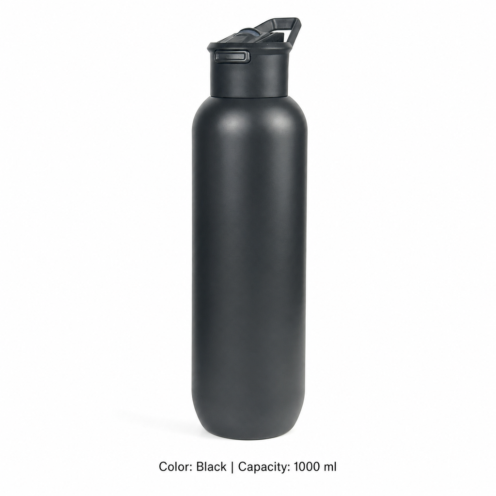 304 Stainless Steel Vacuum Sports Bottle, Straw — 1000 ml / Black
