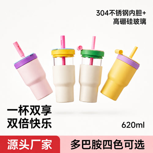 2-in-1 Borosilicate Glass & Stainless Steel Straw Tumbler – 580/620 ml
