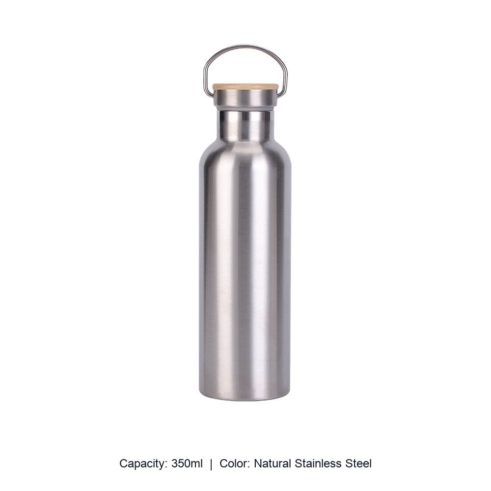Bamboo-Lid Stainless Steel Wide-Mouth Sports Bottle — 350ml / Natural Stainless Steel