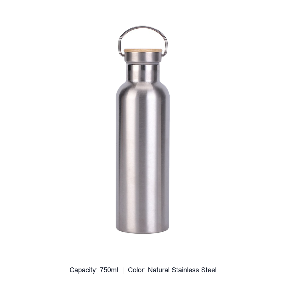 Bamboo-Lid Stainless Steel Wide-Mouth Sports Bottle — 750ml / Natural Stainless Steel