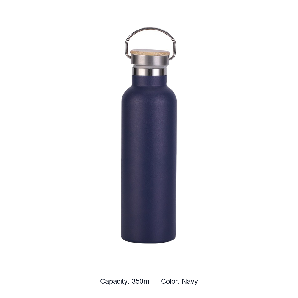 Bamboo-Lid Stainless Steel Wide-Mouth Sports Bottle — 350ml / Navy