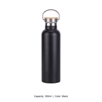 Bamboo-Lid Stainless Steel Wide-Mouth Sports Bottle — 350ml / Black