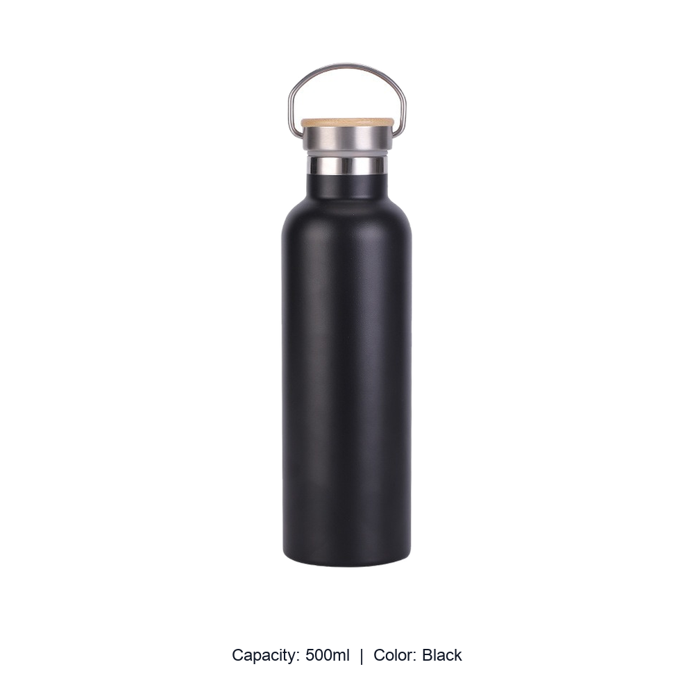 Bamboo-Lid Stainless Steel Wide-Mouth Sports Bottle — 500ml / Black