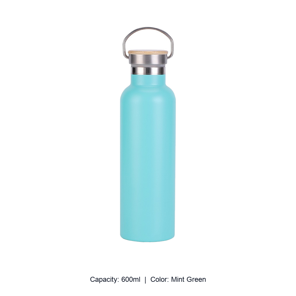 Bamboo-Lid Stainless Steel Wide-Mouth Sports Bottle — 600ml / Mint Green
