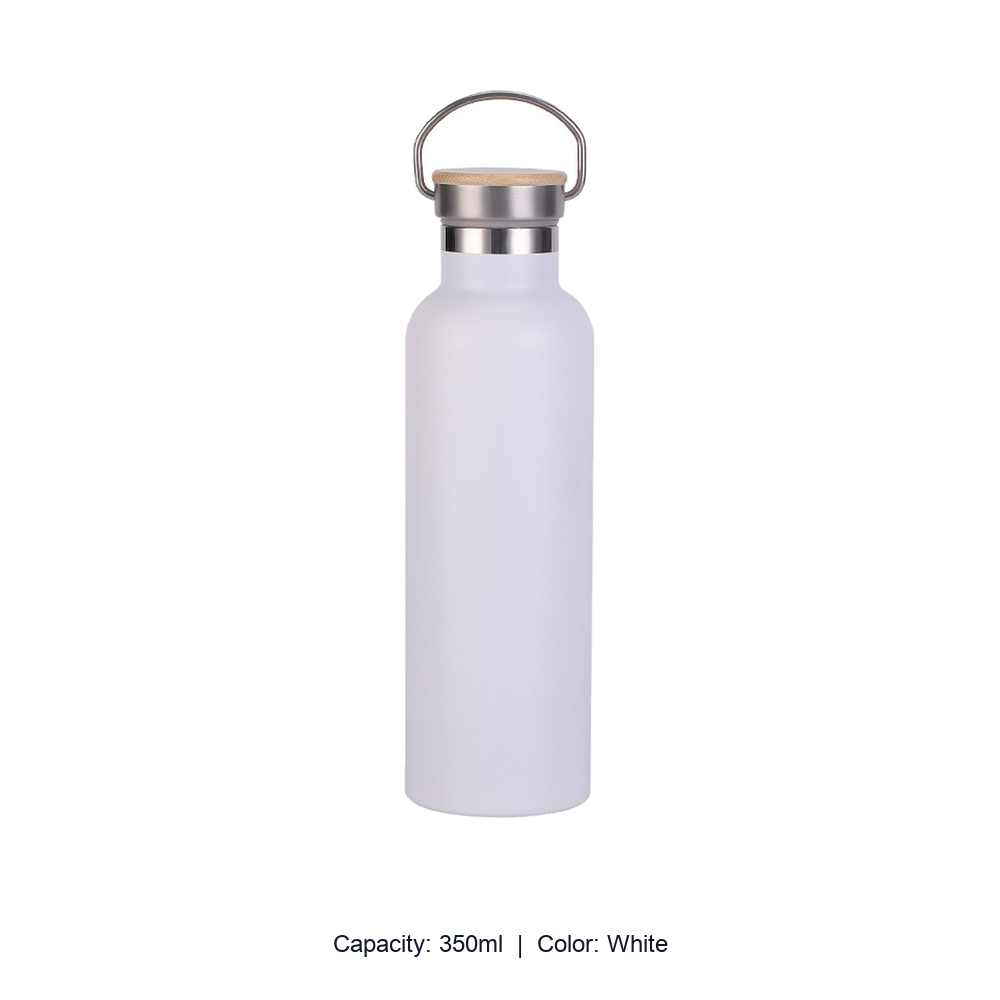 Bamboo-Lid Stainless Steel Wide-Mouth Sports Bottle — 350ml / White