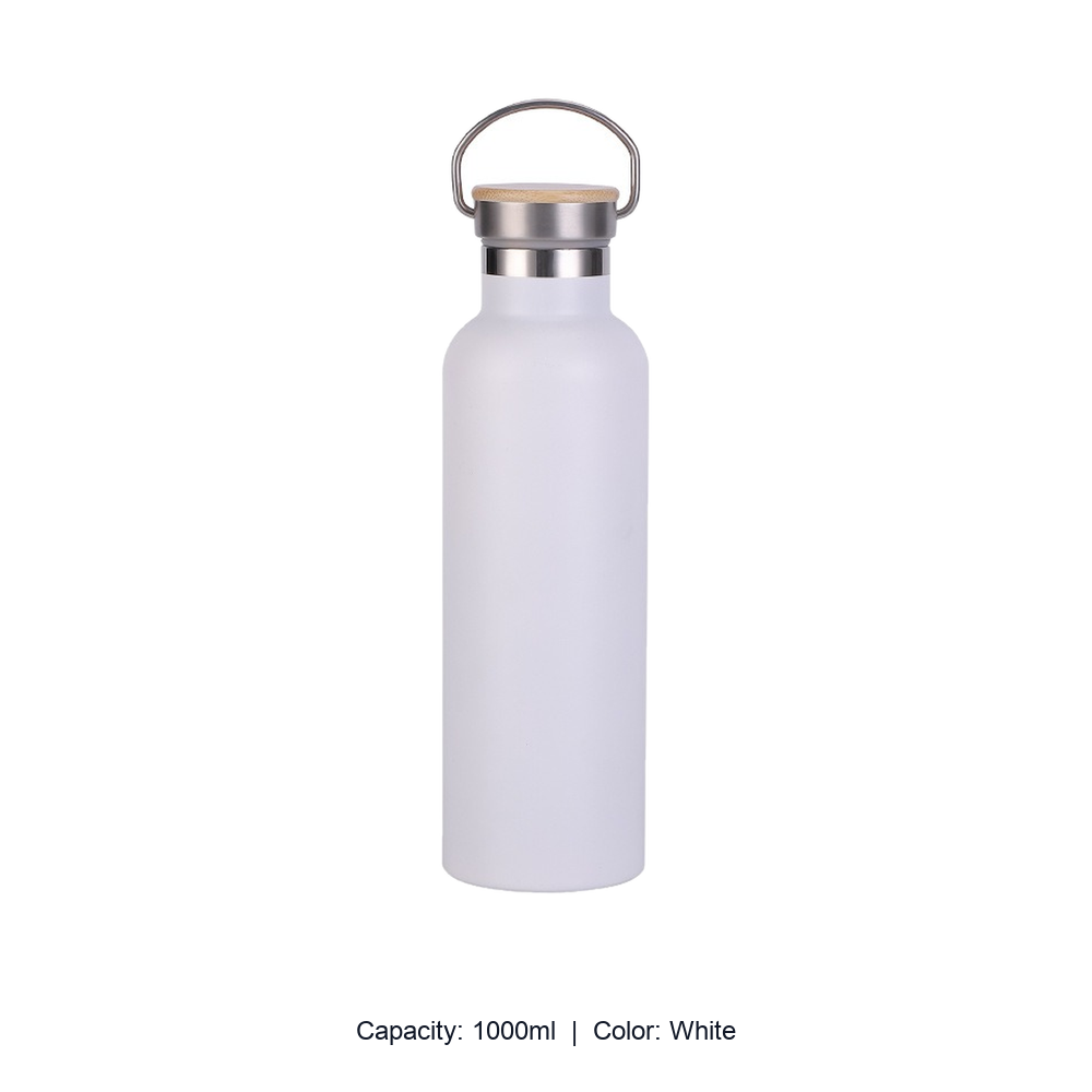 Bamboo-Lid Stainless Steel Wide-Mouth Sports Bottle — 1000ml / White