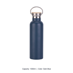 Bamboo-Lid Stainless Steel Wide-Mouth Sports Bottle — 1000ml / Dark Blue
