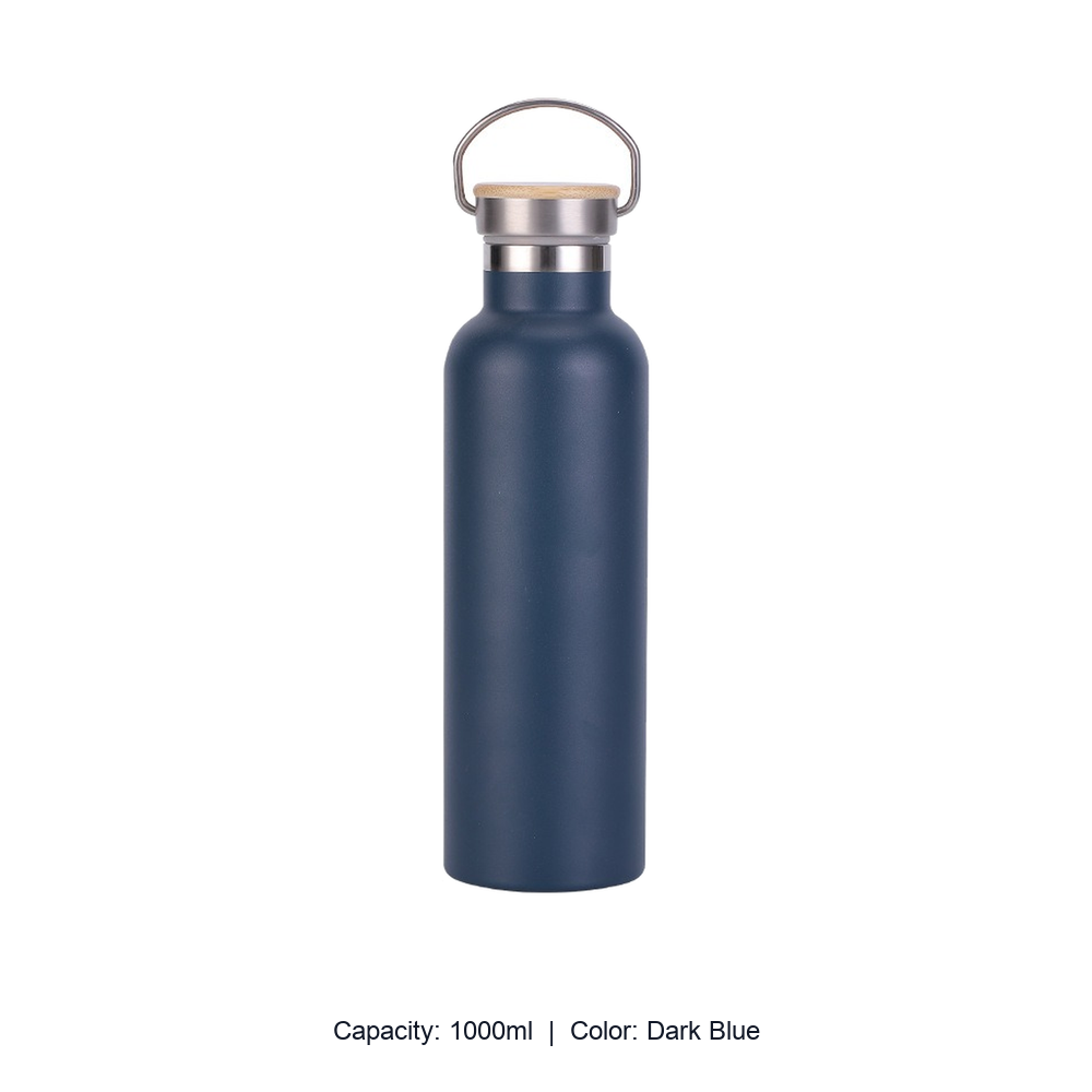 Bamboo-Lid Stainless Steel Wide-Mouth Sports Bottle — 1000ml / Dark Blue