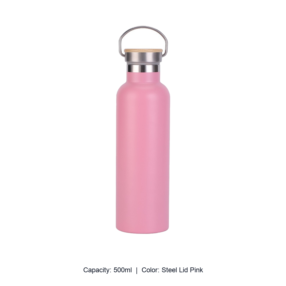 Bamboo-Lid Stainless Steel Wide-Mouth Sports Bottle — 500ml / Steel Lid Pink