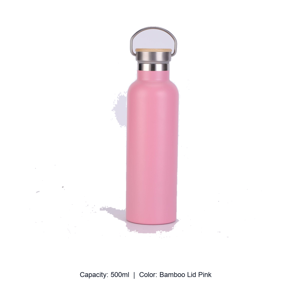 Bamboo-Lid Stainless Steel Wide-Mouth Sports Bottle — 500ml / Bamboo Lid Pink