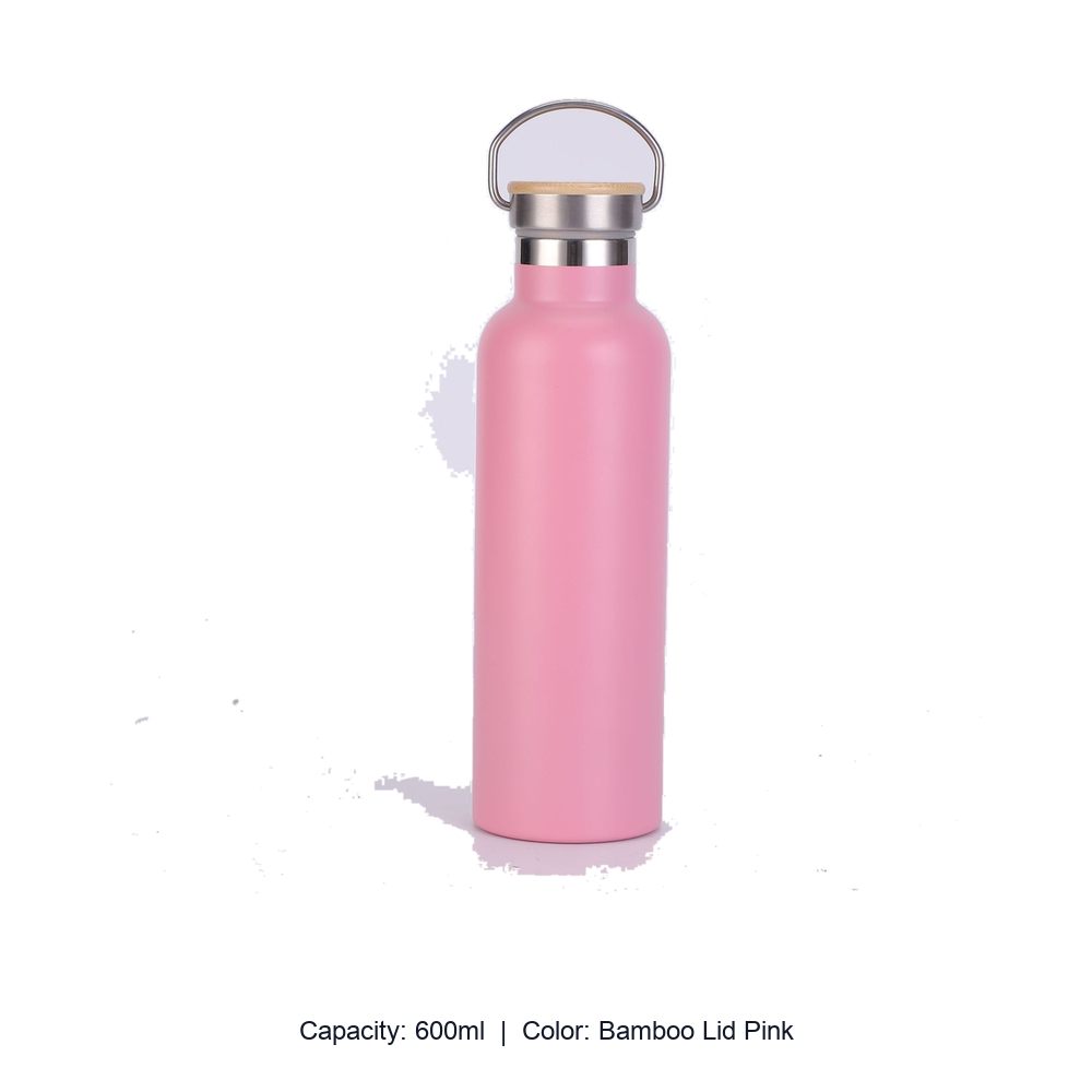 Bamboo-Lid Stainless Steel Wide-Mouth Sports Bottle — 600ml / Bamboo Lid Pink