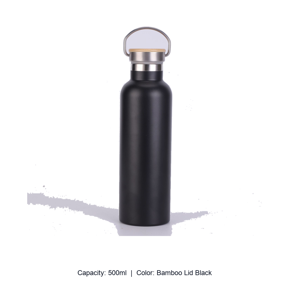 Bamboo-Lid Stainless Steel Wide-Mouth Sports Bottle — 500ml / Bamboo Lid Black