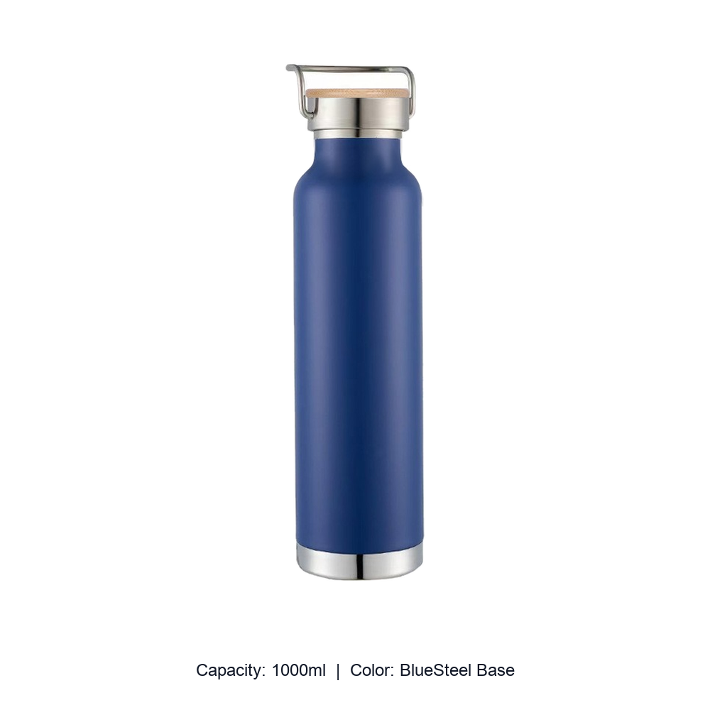 Bamboo-Lid Stainless Steel Wide-Mouth Sports Bottle — 1000ml / BlueSteel Base