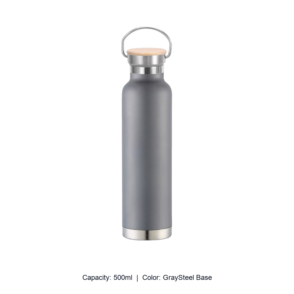 Bamboo-Lid Stainless Steel Wide-Mouth Sports Bottle — 500ml / GraySteel Base