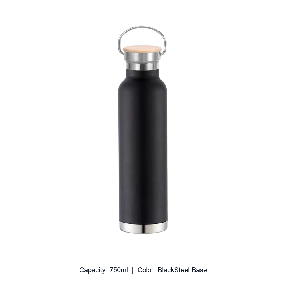 Bamboo-Lid Stainless Steel Wide-Mouth Sports Bottle — 750ml / BlackSteel Base