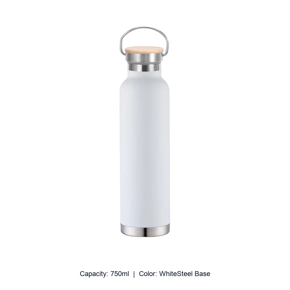Bamboo-Lid Stainless Steel Wide-Mouth Sports Bottle — 750ml / WhiteSteel Base