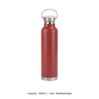 Bamboo-Lid Stainless Steel Wide-Mouth Sports Bottle — 1000ml / RedSteel Base