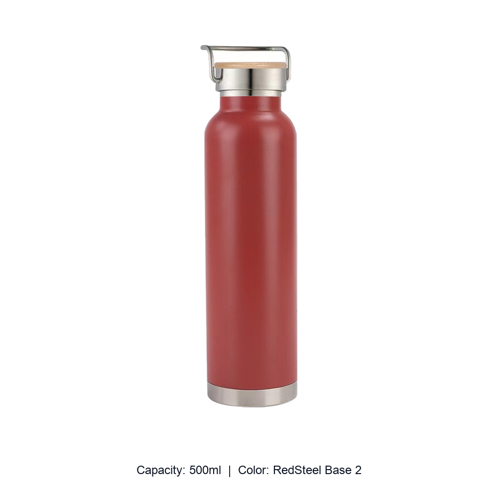 Bamboo-Lid Stainless Steel Wide-Mouth Sports Bottle — 500ml / RedSteel Base 2