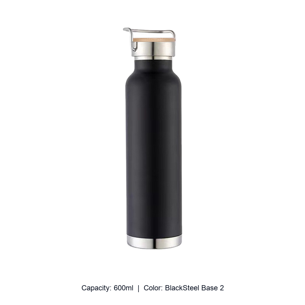 Bamboo-Lid Stainless Steel Wide-Mouth Sports Bottle — 600ml / BlackSteel Base 2