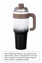 Ceramic-Lined Quick-Open Insulated Tumbler — 1200 ml · Customization Available / Long-Lasting Insulation · Gradient White · 1200 ml · Antibacterial 316 + One-Touch Open + Dual-Drink + Separate Tea Chamber