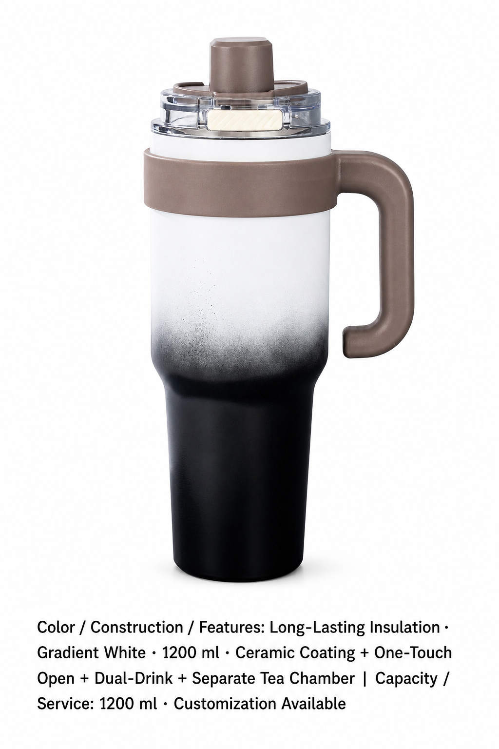 Ceramic-Lined Quick-Open Insulated Tumbler — 1200 ml · Customization Available / Long-Lasting Insulation · Gradient White · 1200 ml · Ceramic Coating + One-Touch Open + Dual-Drink + Separate Tea Chamber