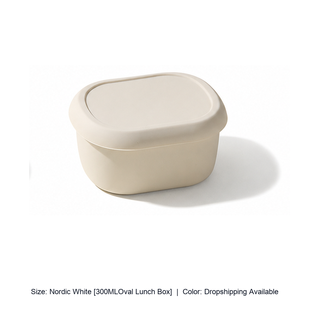 Food-Grade Silicone Microwave Lunch Box with Lid — Nordic White [300MLOval Lunch Box] / Dropshipping Available