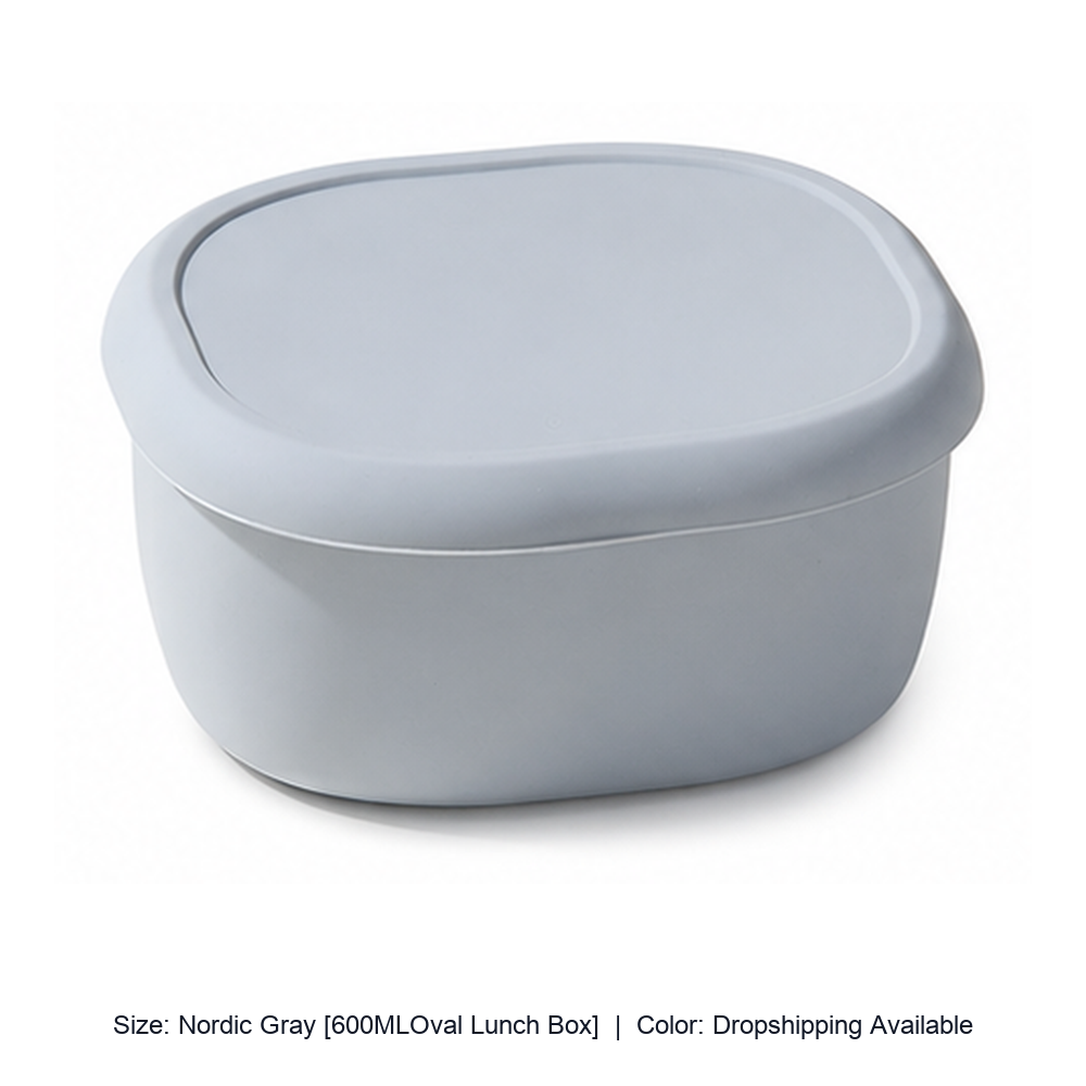 Food-Grade Silicone Microwave Lunch Box with Lid — Nordic Gray [600MLOval Lunch Box] / Dropshipping Available