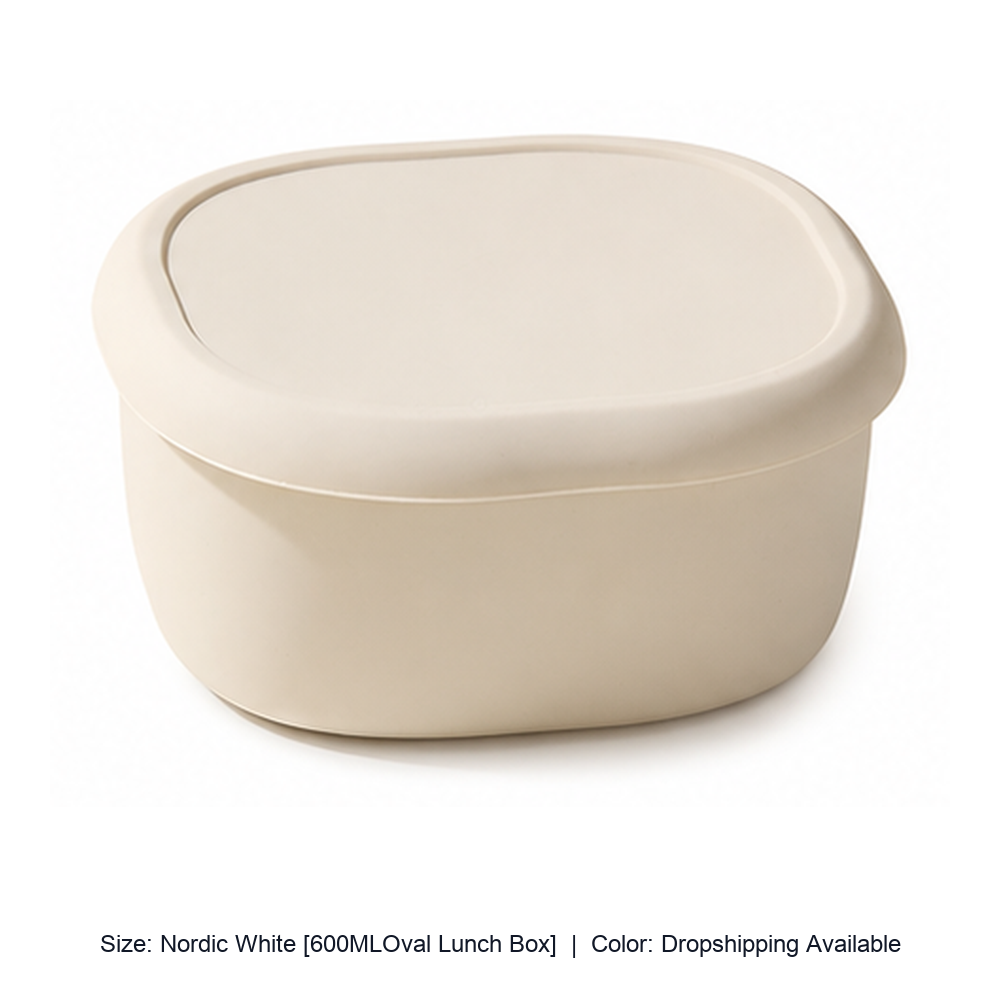 Food-Grade Silicone Microwave Lunch Box with Lid — Nordic White [600MLOval Lunch Box] / Dropshipping Available