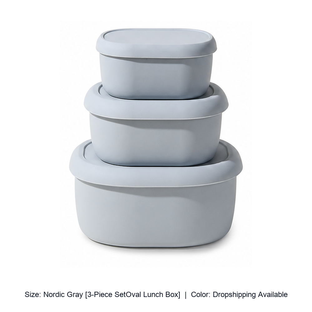 Food-Grade Silicone Microwave Lunch Box with Lid — Nordic Gray [3-Piece SetOval Lunch Box] / Dropshipping Available