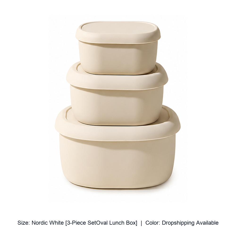 Food-Grade Silicone Microwave Lunch Box with Lid — Nordic White [3-Piece SetOval Lunch Box] / Dropshipping Available