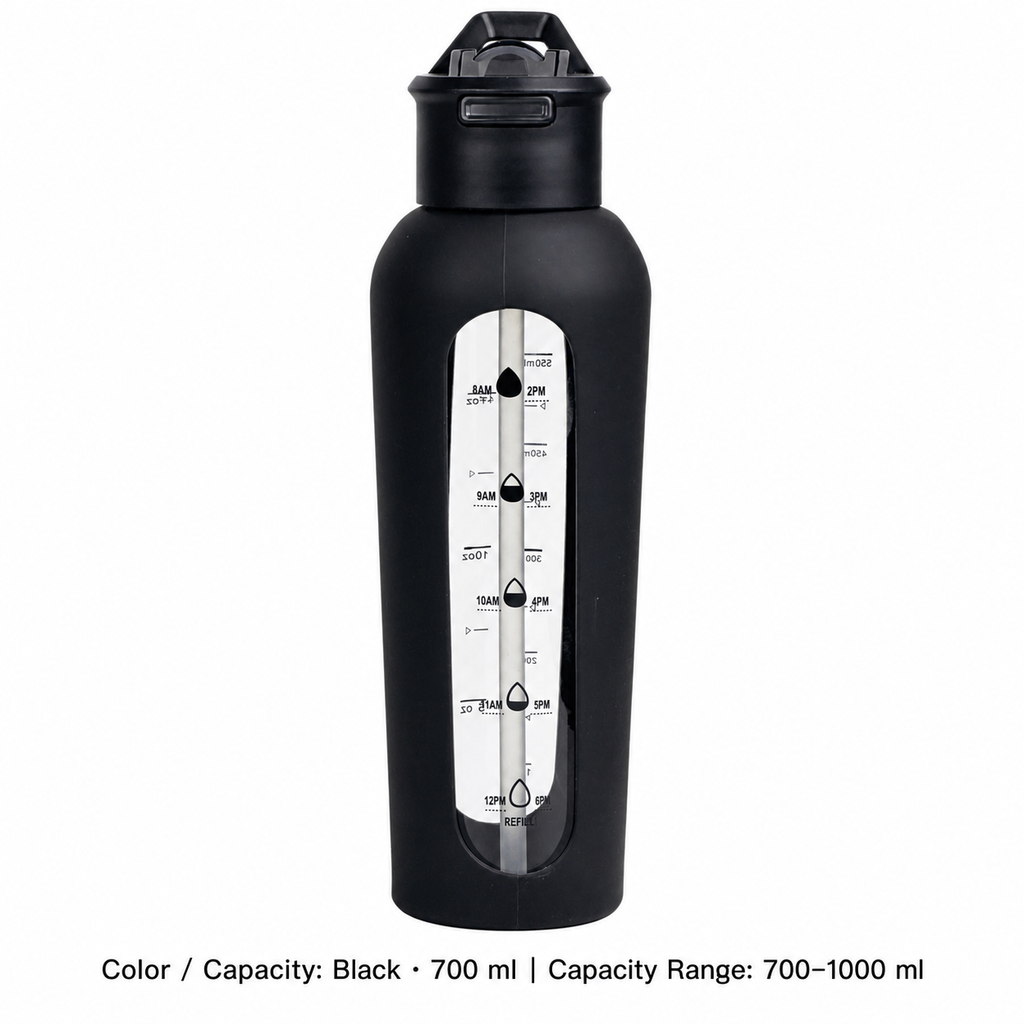 Glass Dual-Drink Bottle, Silicone Sleeve — 700–1000 ml / Black · 700 ml