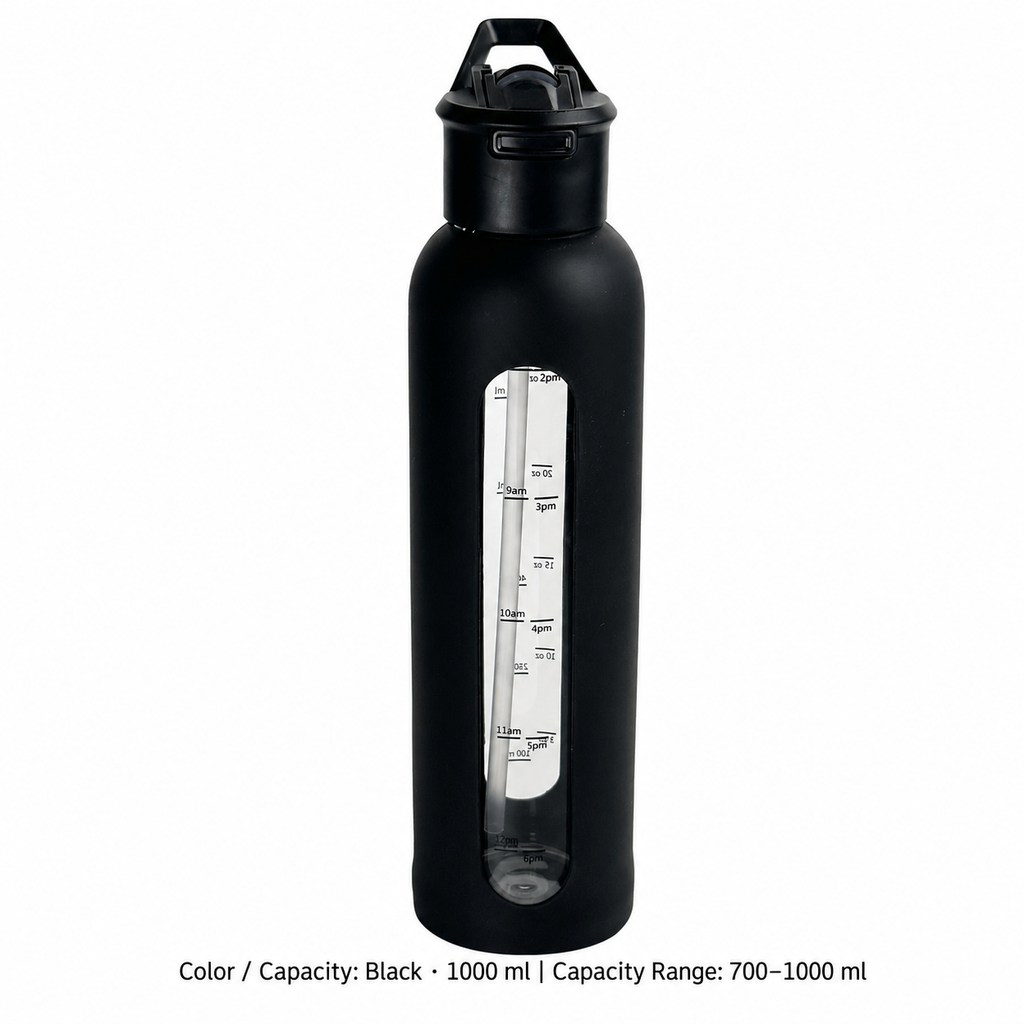 Glass Dual-Drink Bottle, Silicone Sleeve — 700–1000 ml / Black · 1000 ml