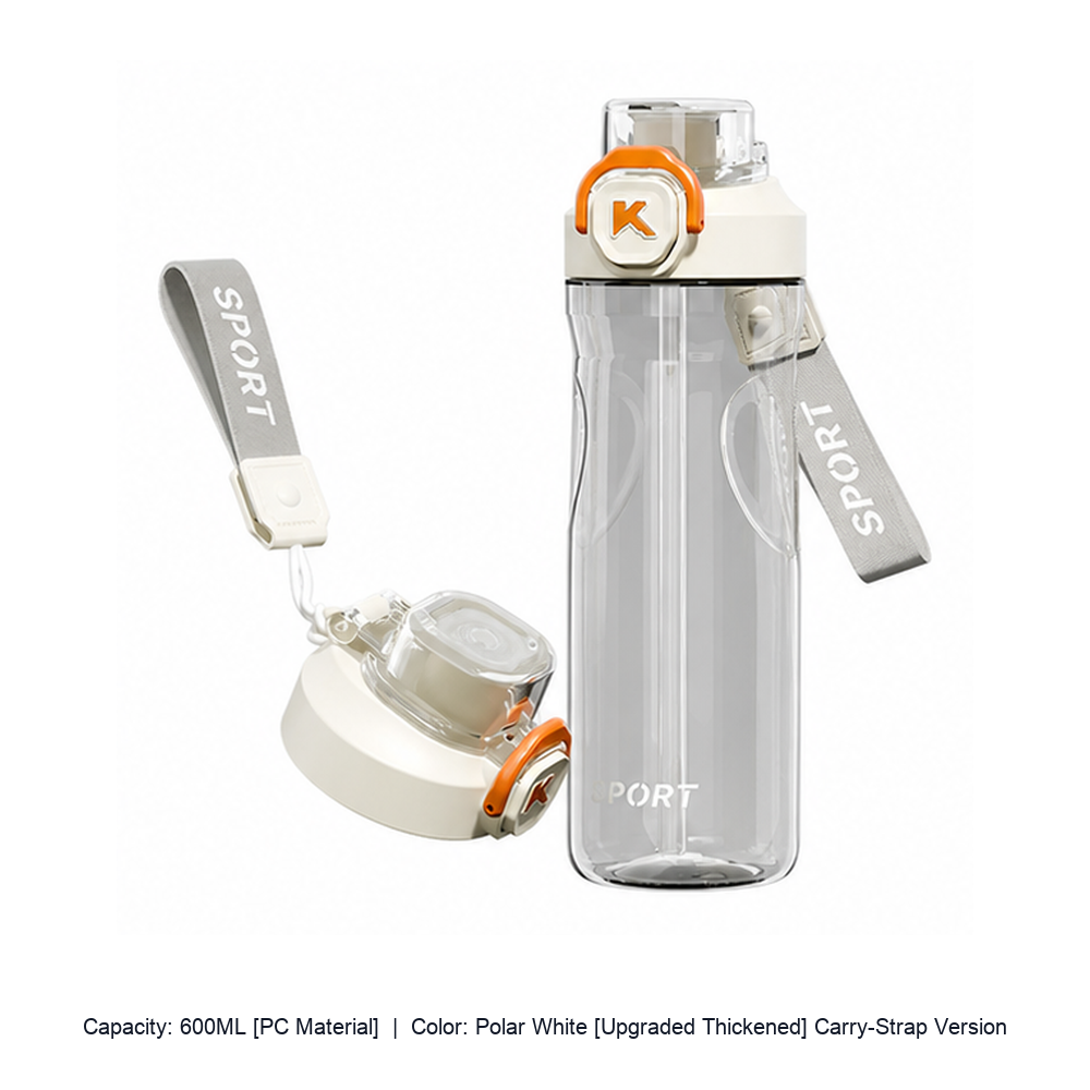 Heat-Resistant Thickened Plastic Straw Sports Bottle — 600ML [PC Material] / Polar White [Upgraded Thickened] Carry-Strap Version