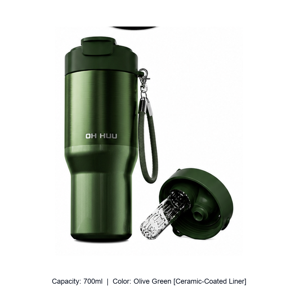 Large-Capacity Stainless Steel Car Insulated Tumbler — 700ml / Olive Green [Ceramic-Coated Liner]