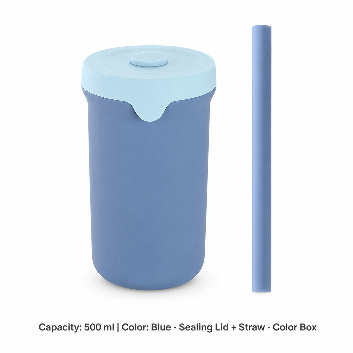 Portable Silicone Straw Bottle, 500ml — 500 ml / Blue · Sealing Lid + Straw · Color Box
