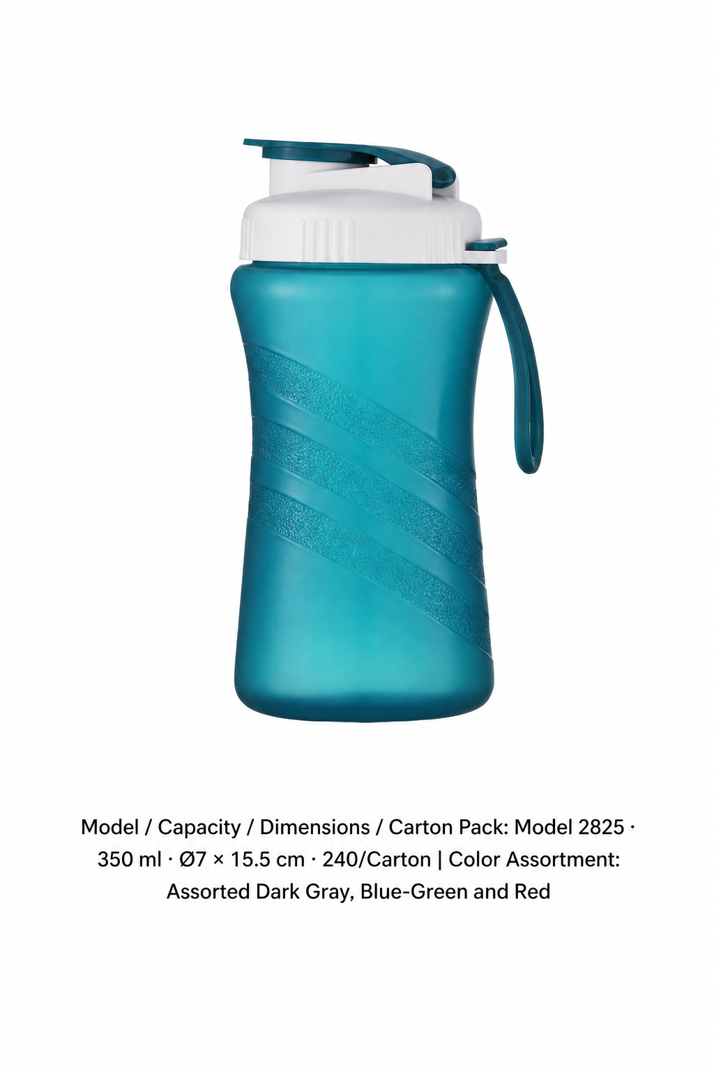 PP One-Touch Sports Bottle — Assorted Dark Gray, Blue-Green and Red / Model 2825 · 350 ml · Ø7 × 15.5 cm · 240/Carton