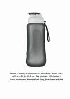 PP One-Touch Sports Bottle — Assorted Dark Gray, Blue-Green and Red / Model 2721 · 600 ml · Ø7.5 × 20.5 cm · Tea Strainer · 150/Carton